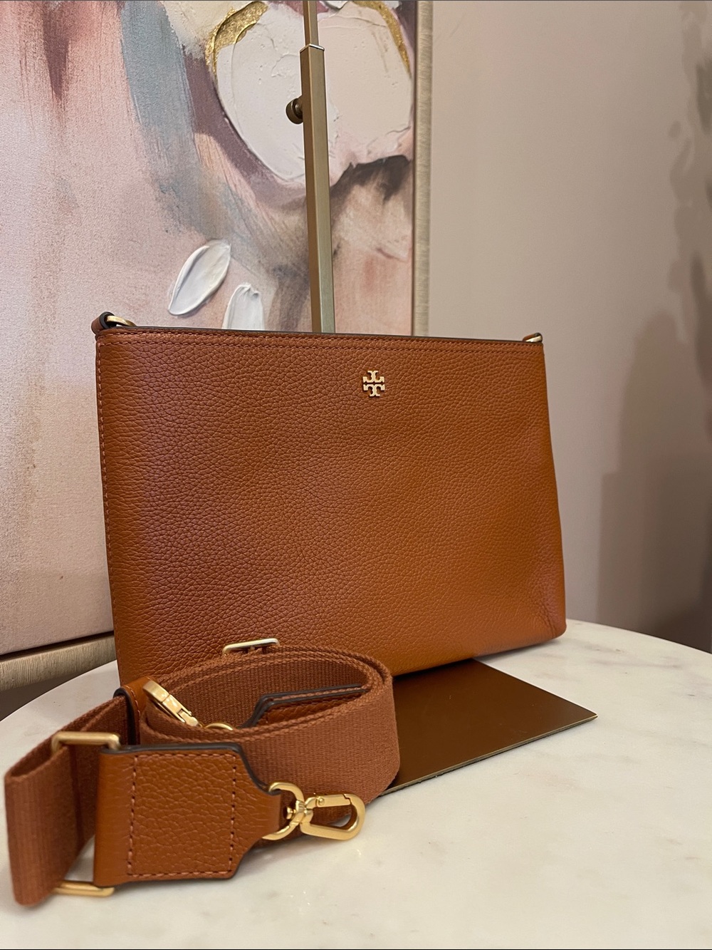 Tory Burch Blake Pebbled Leather Crossbody — Cognac Brown with Gold Hardware - Picture 3 of 7